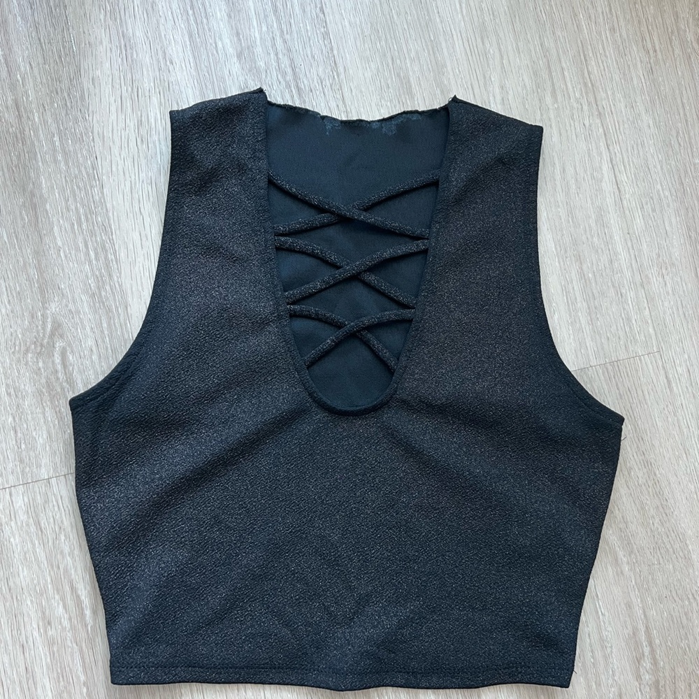 Black sparkly crop top with strappy bust